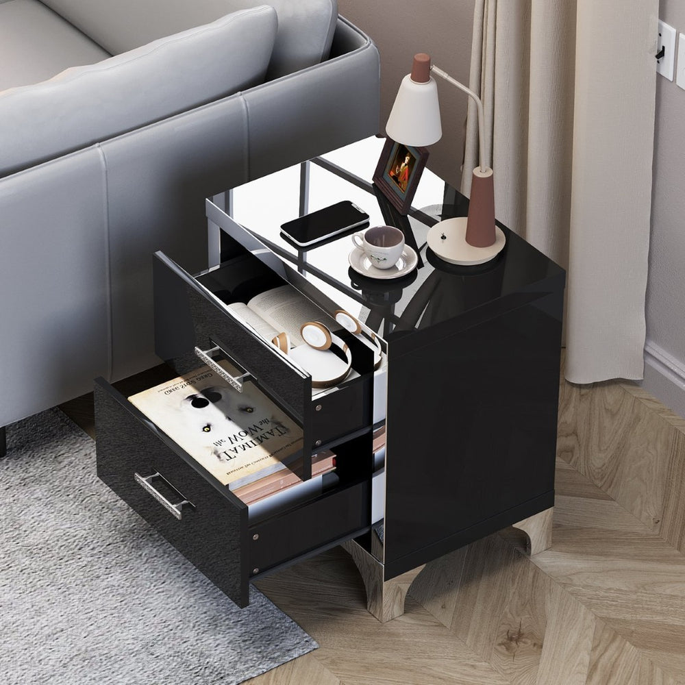 English Elm High Gloss Mirrored 2 Drawer Nightstand Slim Metal Legs Modern Bedroom Side Table Black W5271P416537
