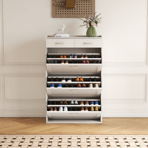 English Elm 31.49 Modern solid wood shoe cabinet with three flip tiers, compact 31.5x9.6x49.2 for organized entryways White W1278S00043