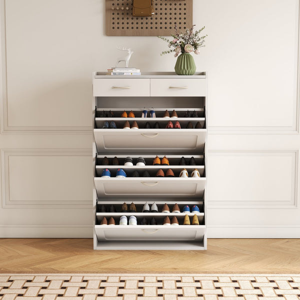 English Elm 31.49 Modern solid wood shoe cabinet with three flip tiers, compact 31.5x9.6x49.2 for organized entryways White W1278S00043