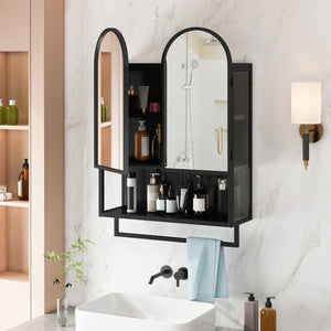 English Elm 23.62" Modern Double-Arched Mirror Cabinet with Tempered Glass, Metal Frame, Shelf & Towel Rack Storage Black W757P314586
