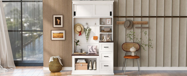 English Elm U-can Hall Tree with Storage Bench Three Drawers Open Shelves and Hooks for Entryway N724P380403K