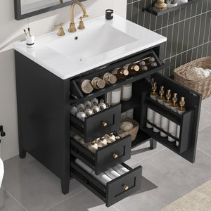 English Elm 30-Inch Contemporary Bathroom Vanity with Sink, MDF & Rubberwood, Glossy Finish, 3 Drawers + Cabinet Black N725P350819B