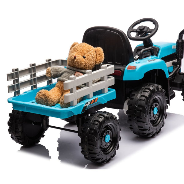 English Elm Ride on Electric Tractor Toy with Trailer 24v 400w Dual Motors Remote Control Led Blue W1578P193906