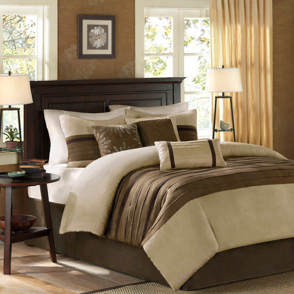 English Elm 7 Palmer Faux Suede 7-Piece Comforter Set Queen – Pieced Microsuede, Taupe & Brown, Embroidered Pillows Natural 18.7 L x 13.98 W x 11.61 H B03596908