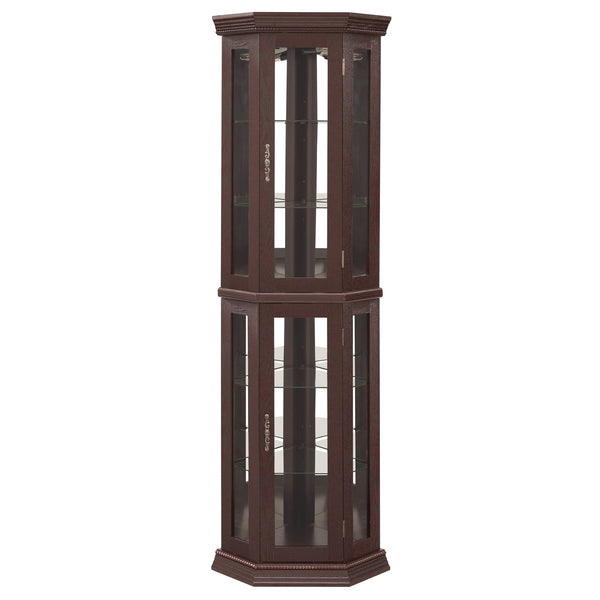 English Elm Lighted Corner Curio Cabinet - Elegant Glass Display With Adjustable Shelves & Ambient Lighting - Dark Cherry W1758P300130