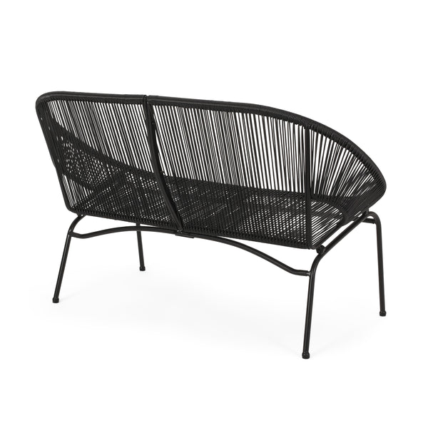 English Elm Christopher Knight Home® - CONDESSA Black Loveseat – Modern Hammock Weave Polyethylene Rattan on Matte Powder-Coated Iron Frame 67120.00BLK