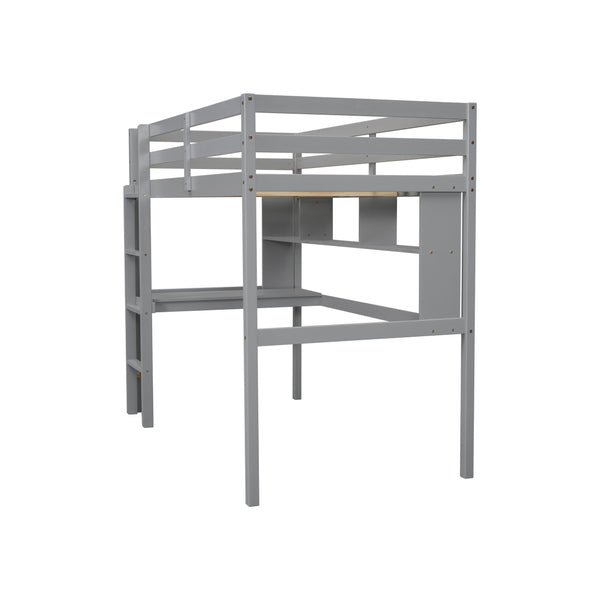 English Elm Twin Loft Bed with Built-In Desk and Bookcase, Pine Frame, Safety Guardrail, Ladder for Study Space Grey W504P181852