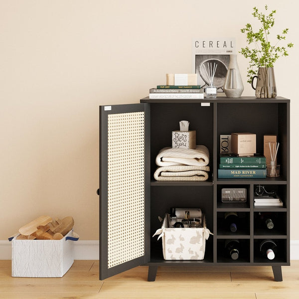 English Elm Rattan Cane Front Sideboard with Drawers Adjustable Shelf Bohemian Storage Cabinet Black T3623P434767