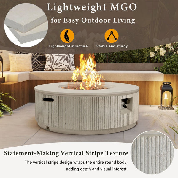 English Elm U_style Mgo Round Propane Fire Pit Table Outdoor Patio 50000 Btu Adjustable Flame Beige Gray+White WY000522AAA