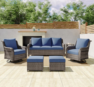 English Elm Jb Seven Piece Outdoor Wicker Seating Set with Swivel Chairs Footstools and Glass Table Grey+Blue W5382S00012