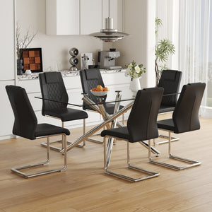 English Elm Table Modern 7-Piece Dining Set With Transparent Tempered Glass Top & 6 Black Pu Chairs, Stylish Design W1151S04128-GIGA