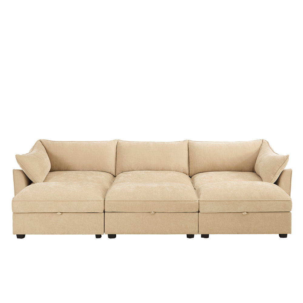 English Elm 3-Seater Sofa Set With Footstools And Pull-Out Drawers, Cozy Chenille Upholstery In Wheat Color W3041S00178