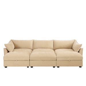 English Elm 3-Seater Sofa Set With Footstools And Pull-Out Drawers, Cozy Chenille Upholstery In Wheat Color W3041S00178