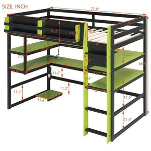 English Elm Twin Loft Bed with Rgb Lighting Usb Ports Wraparound Shelves and Gaming Desk Green LT000298AAF
