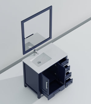 English Elm Navy Blue Bath Vanity Set With White Quartz Top, Chrome Faucet, And Stylish 34-Inch Mirror Included B2731S01270