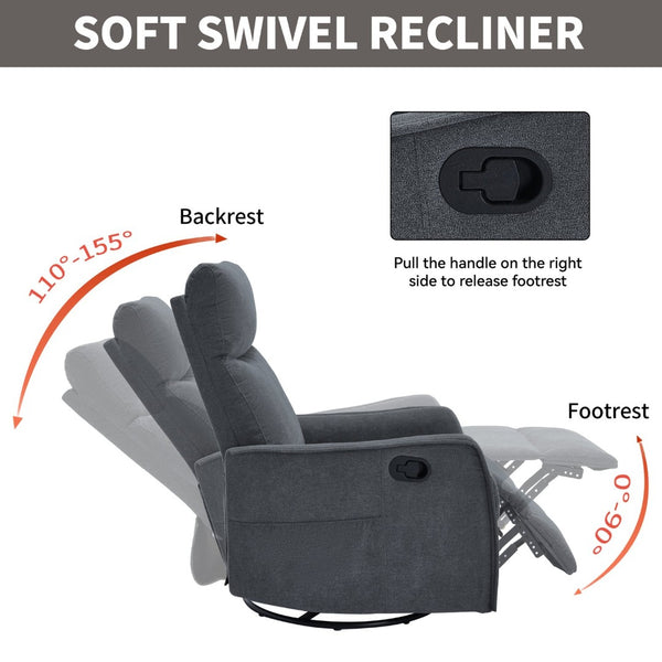 English Elm Heat Massage Rocker Recliner with Swivel Base and Vibrating Nodes for Living Room Grey W1803P251887