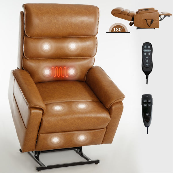 English Elm Dual Motor Power Lift Recliner with Massage Heat and 180 Degree Brown Lounge Chair Yellow Brown W1803S00061