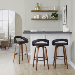 English Elm Fixed-height Swivel Barstools Walnut Bentwood Legs Black Pu Seat Metal Footrest Set B202S01856