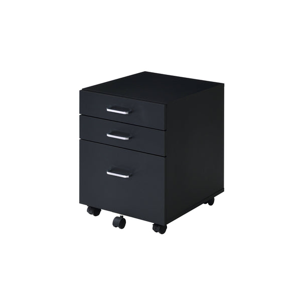 English Elm Tennos Black Chrome Finish Cabinet with 4-Tier Shelves, X-Frame, 3 Drawers & 5 Wheels for Modern Spaces B2726P277143