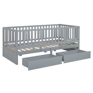 English Elm Twin Pinewood Daybed with Fence Guardrails Splits Into Two Floor Beds Storage Gray LP100881AAE
