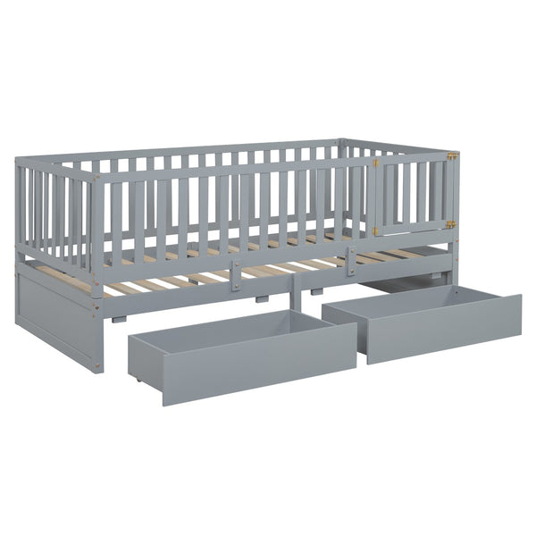 English Elm Twin Pinewood Daybed with Fence Guardrails Splits Into Two Floor Beds Storage Gray LP100881AAE