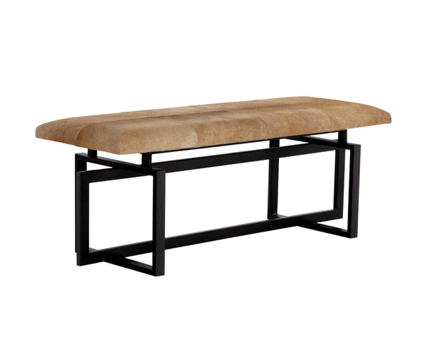Sunpan PILAR Bench - Artisan-Crafted, Hand-Stitched Brown Cowhide on Sleek Black Iron Frame, Unique Design 108187
