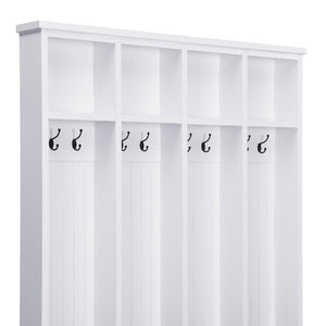 English Elm Farmhouse Hall Tree with Triple Arch Back Panel Eight Hooks Drawers and Entryway Bench White N721S000075K