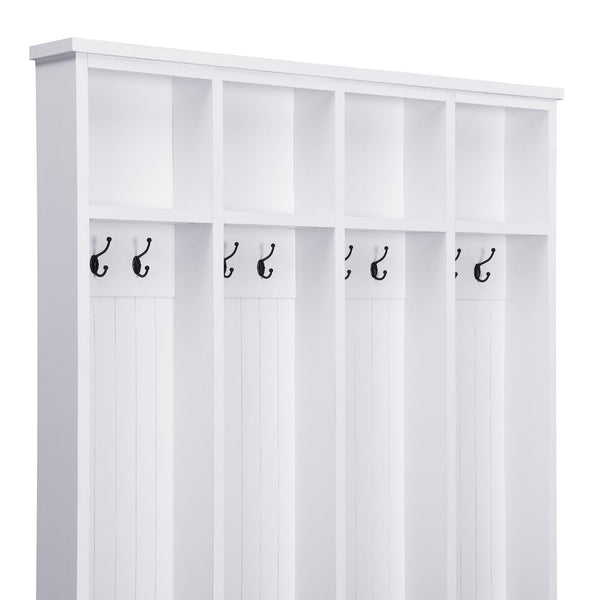English Elm Farmhouse Hall Tree with Triple Arch Back Panel Eight Hooks Drawers and Entryway Bench White N721S000075K