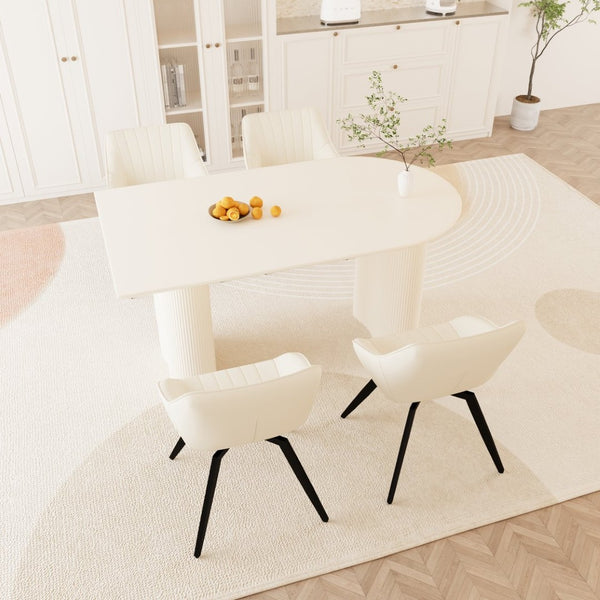 English Elm 63" Cream Mdf Dining Table Set with Carved Wave Legs and Beige Pu Upholstered Chairs Beige+Cream W2189S00849