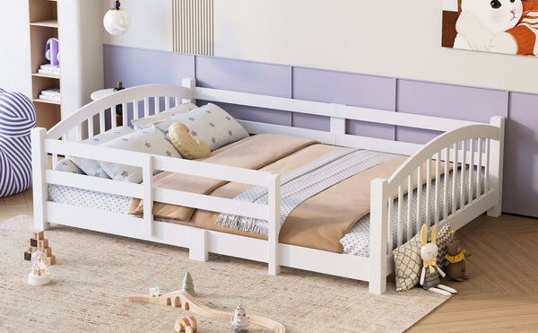 English Elm Full Montessori Pine Wood Floor Bed with Safety Rails Low Profile Kids Room Frame White N733P400299K