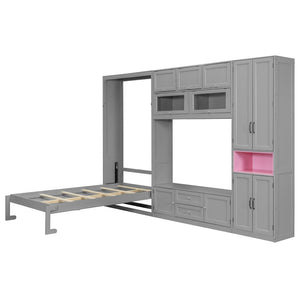 English Elm Twin Murphy Wall Bed with Integrated Tv Stand Open Shelving and Cabinet Storage LP000768AAE
