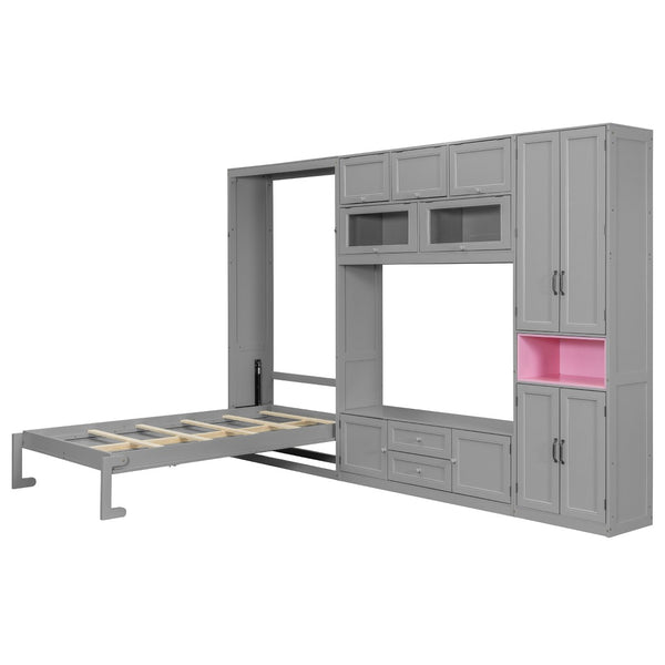 English Elm Twin Murphy Wall Bed with Integrated Tv Stand Open Shelving and Cabinet Storage LP000768AAE