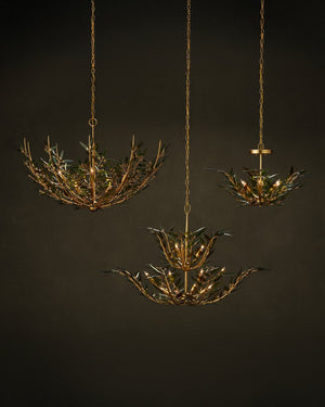 Currey & Company Babylon Chandelier - Elegant Bowl Design With Recycled Glass Leaves In Contemporary Gold Finish Green Recycled Bottle Glass ,Wrought Iron 9000-1309-currey-company
