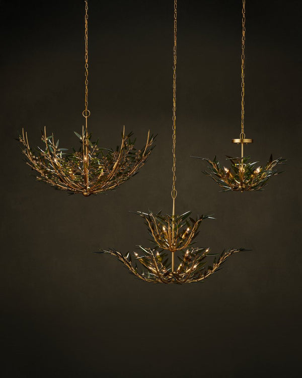 Currey & Company Babylon Chandelier - Elegant Bowl Design With Recycled Glass Leaves In Contemporary Gold Finish Green Recycled Bottle Glass ,Wrought Iron 9000-1309-currey-company