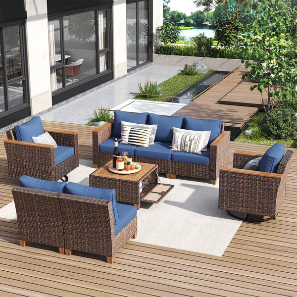 English Elm K&K 8-Piece Wicker Patio Set with 360° Swivel Rockers, Acacia Storage Table, Durable Cushions Blue+Brown N707S000016E