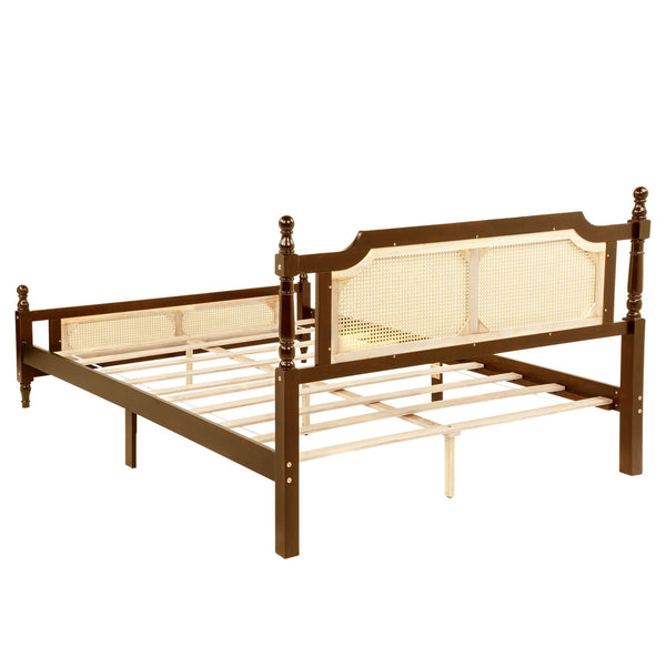 English Elm Queen Pine Bed with Rattan Headboard & Footboard, Walnut Finish, Space-Saving Central Platform Design W504P269833