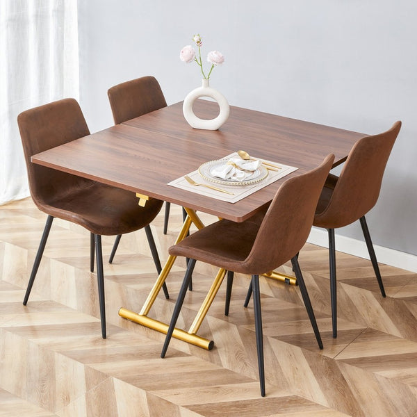 English Elm Table and Chair Set Adjustable Height Wood Grain Top Gold Legs Four Cushioned Seats W1151S04343