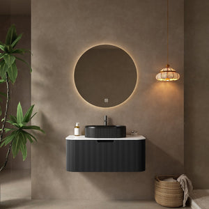 English Elm Dina Floating Bathroom Vanity Sintered Stone Top Glass Basin Striped Plywood Cabinet W2615S00709