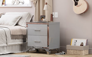 English Elm High Gloss Mirrored 2 Drawer Nightstand Slim Metal Legs Modern Bedroom Side Table Grey W5271P416536