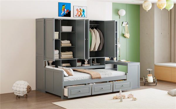 English Elm Twin Size Wooden Daybed With Integrated Desk, Storage Drawers, And Shelves - Stylish Gray Design! N820S00054E-GIGA