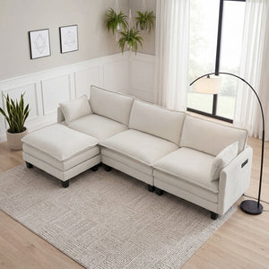 English Elm Modern Chenille Three Seat Sofa with Ottoman Usb Charging Ports and Storage Pockets Beige White W2519S00001