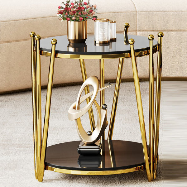 English Elm 19.69inch Gold Round Coffee Table with Crown Frame, 8mm Tempered Glass, Stainless Steel Base, Chic Storage Black W1550P171469