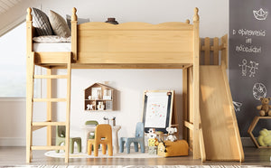 English Elm Queen Loft Bed With Detachable Slide, Storage Shelves & Cabinet - Solid Wood For Fun & Space Savvy! W1580S00250-GIGA
