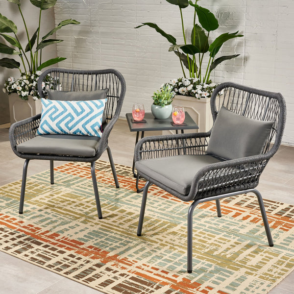 English Elm Christopher Knight Home® - SOUTHPORT Woven Rope Club Chair with Steel Frame, Water‑Resistant Cushions & Bohemian Outdoor Style Dark Gray 62329.00CGRY