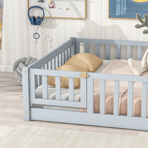 English Elm Twin Solid Rubberwood Floor Bed with Full Perimeter Safety Rails for Toddler Rooms Grey W504P296784
