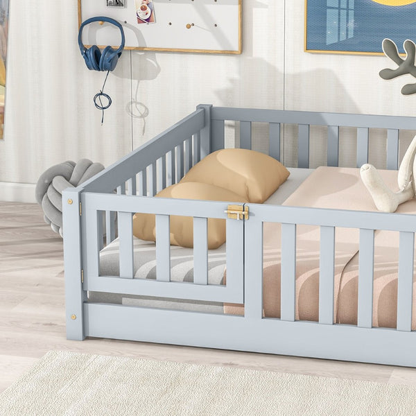 English Elm Twin Solid Rubberwood Floor Bed with Full Perimeter Safety Rails for Toddler Rooms Grey W504P296784