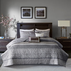 English Elm 6 Piece Reversible Jacquard Quilt Set with Embroidered Decorative Pillows, Chic Stripe Design Grey+Taupe 23.03 L x 17.91 W x 11.42 H B03597478