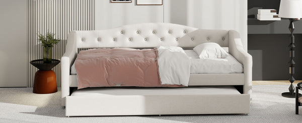 English Elm Upholstered Twin XL Daybed with Built-In LED Belt and Trundle, Linen Backrest, Modern Guest Bed Beige DL002050AAA