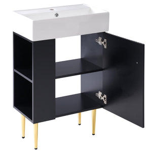 English Elm 21.6" Black Bathroom Vanity with Ceramic Sink, Left Side Storage, Gold Legs, Soft-Close Hinges and Triple-Coat Finish SV000007AAB