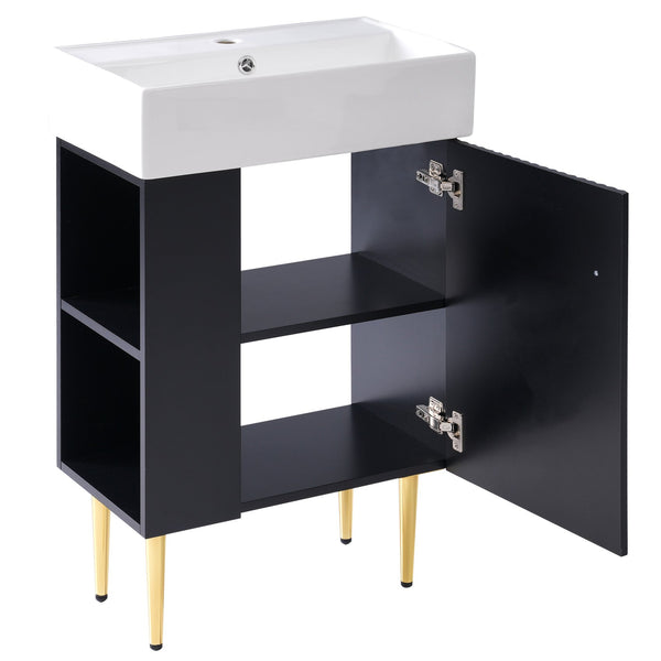 English Elm 21.6" Black Bathroom Vanity with Ceramic Sink, Left Side Storage, Gold Legs, Soft-Close Hinges and Triple-Coat Finish SV000007AAB
